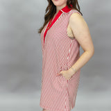 Weak-end Collard V-neck Stripe Dress, Red