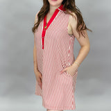 Weak-end Collard V-neck Stripe Dress, Red