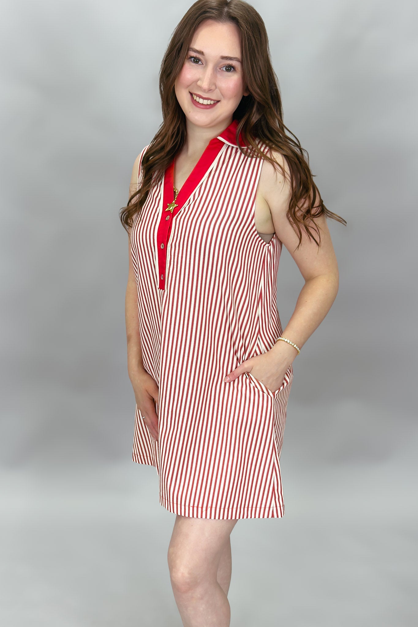 Weak-end Collard V-neck Stripe Dress, Red L