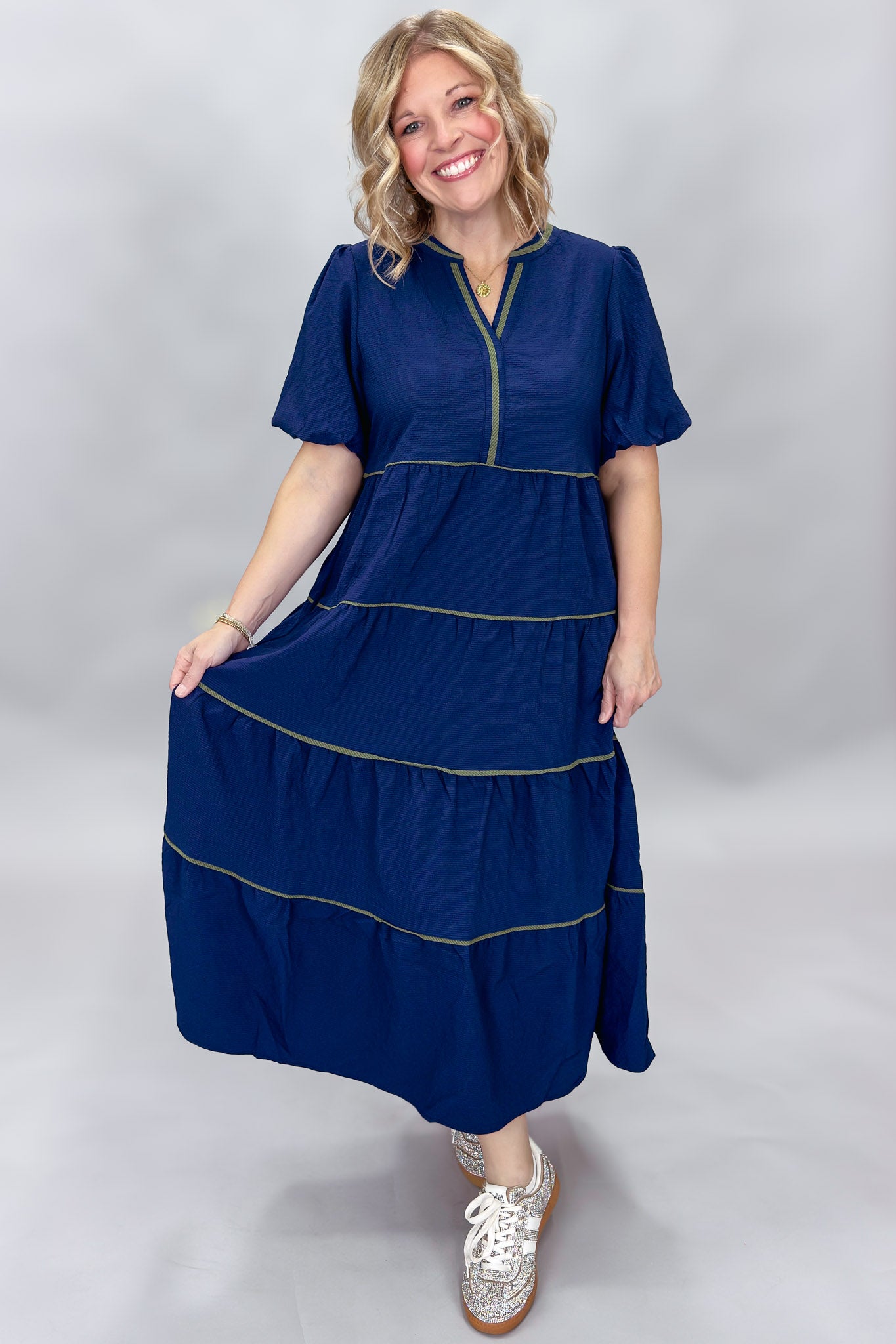 Whatever You Wanna V-neck Tiered Dress, Navy