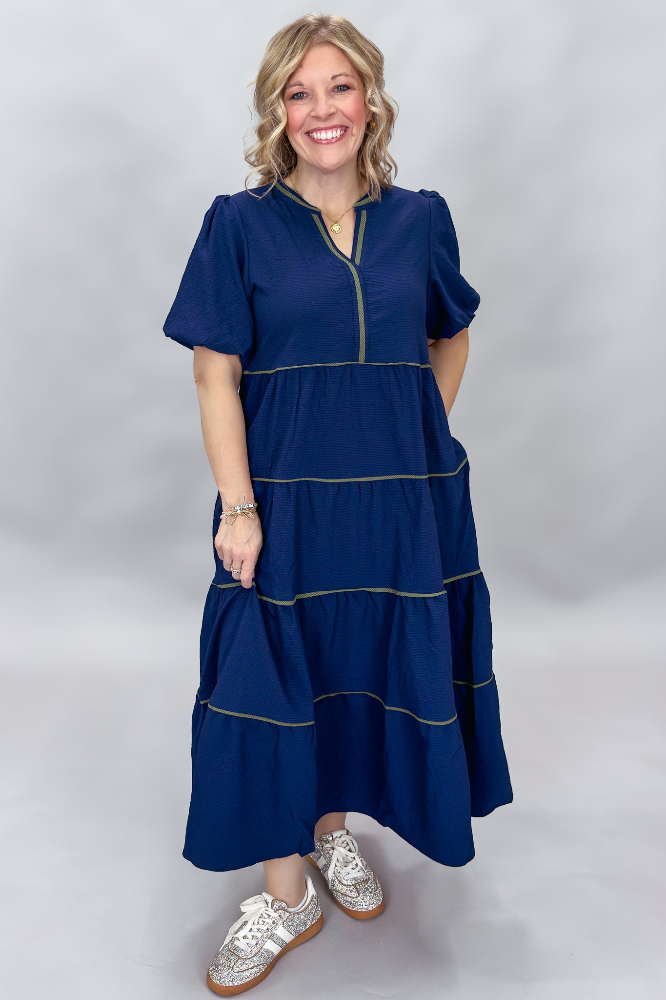 Whatever You Wanna V-neck Tiered Dress, Navy