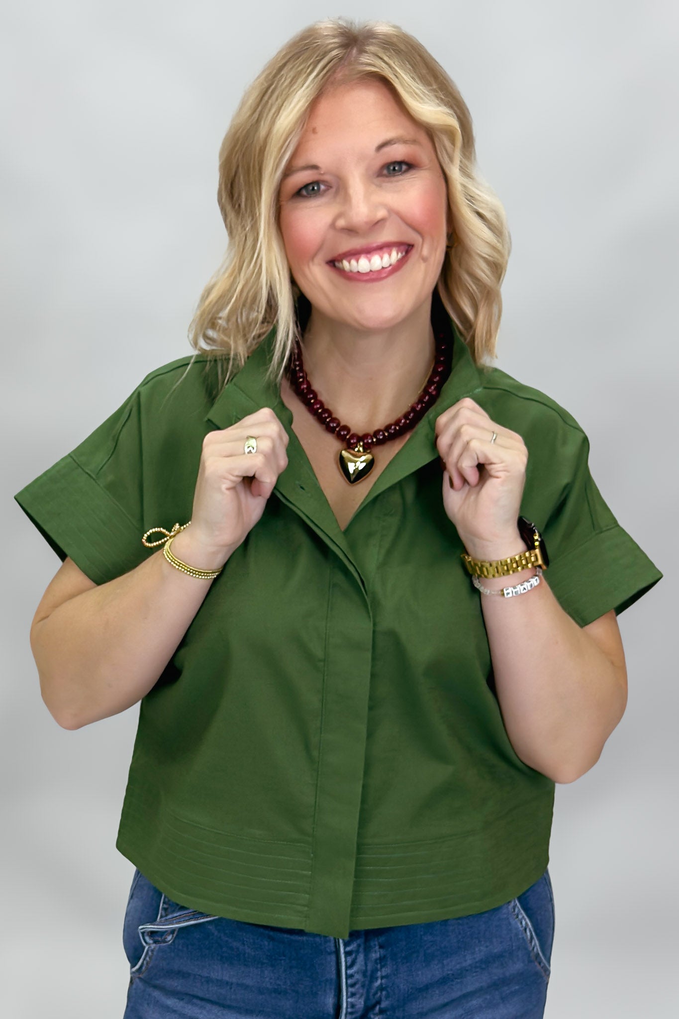When Doves Cry Mock Neck Button Down Shirt, Green
