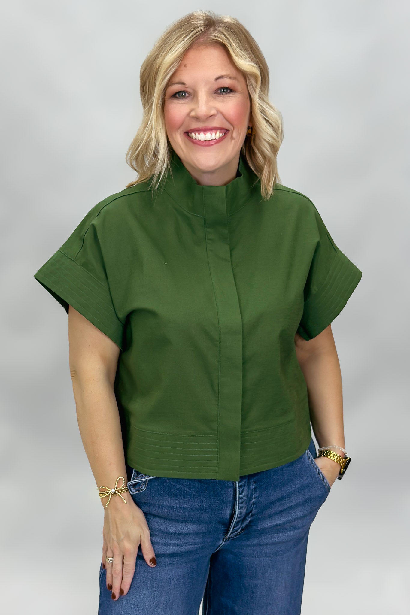 When Doves Cry Mock Neck Button Down Shirt, Green