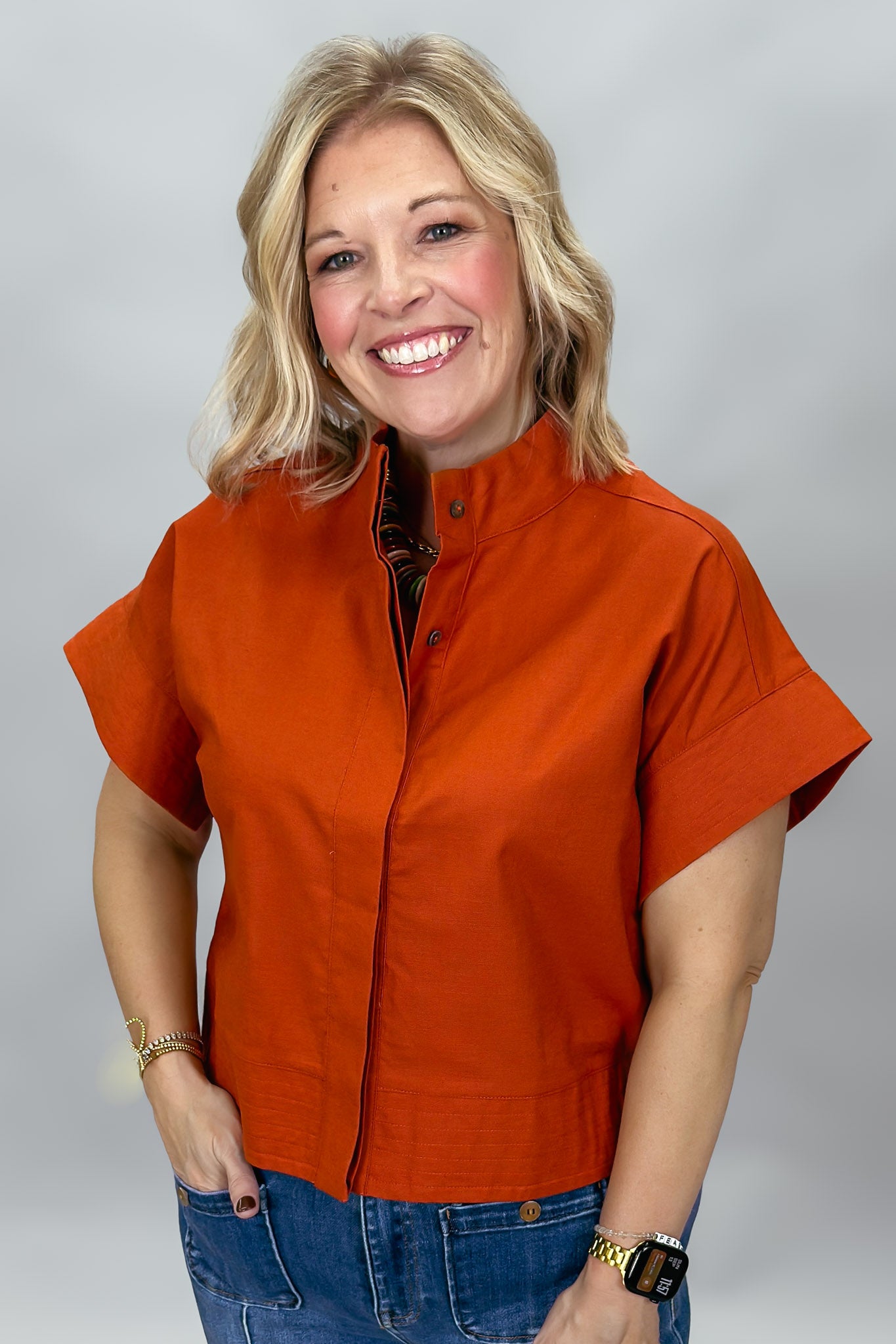 When Doves Cry Mock Neck Button Down Shirt, Orange