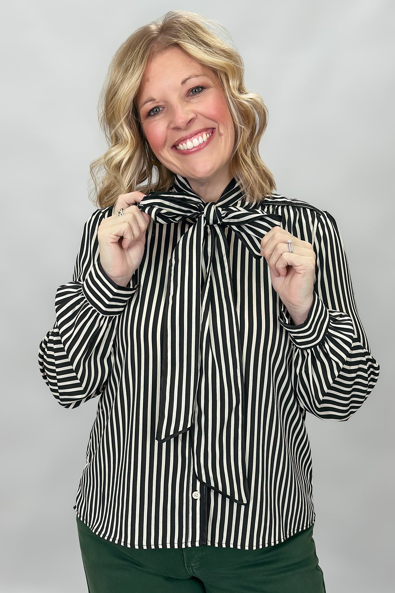 When I Lose You Striped Tie-neck Long Sleeve Top, Black