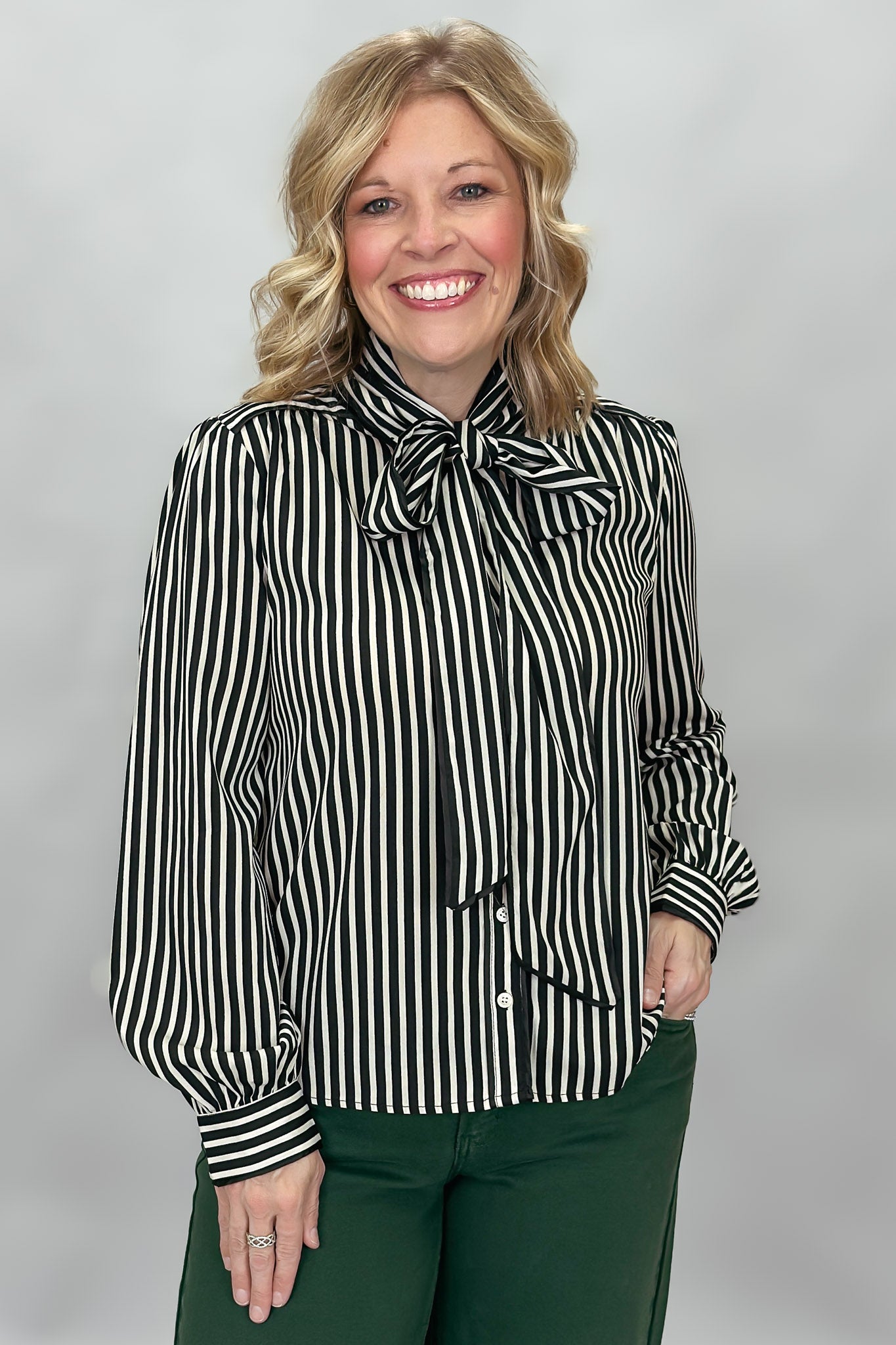 When I Lose You Striped Tie-neck Long Sleeve Top, Black