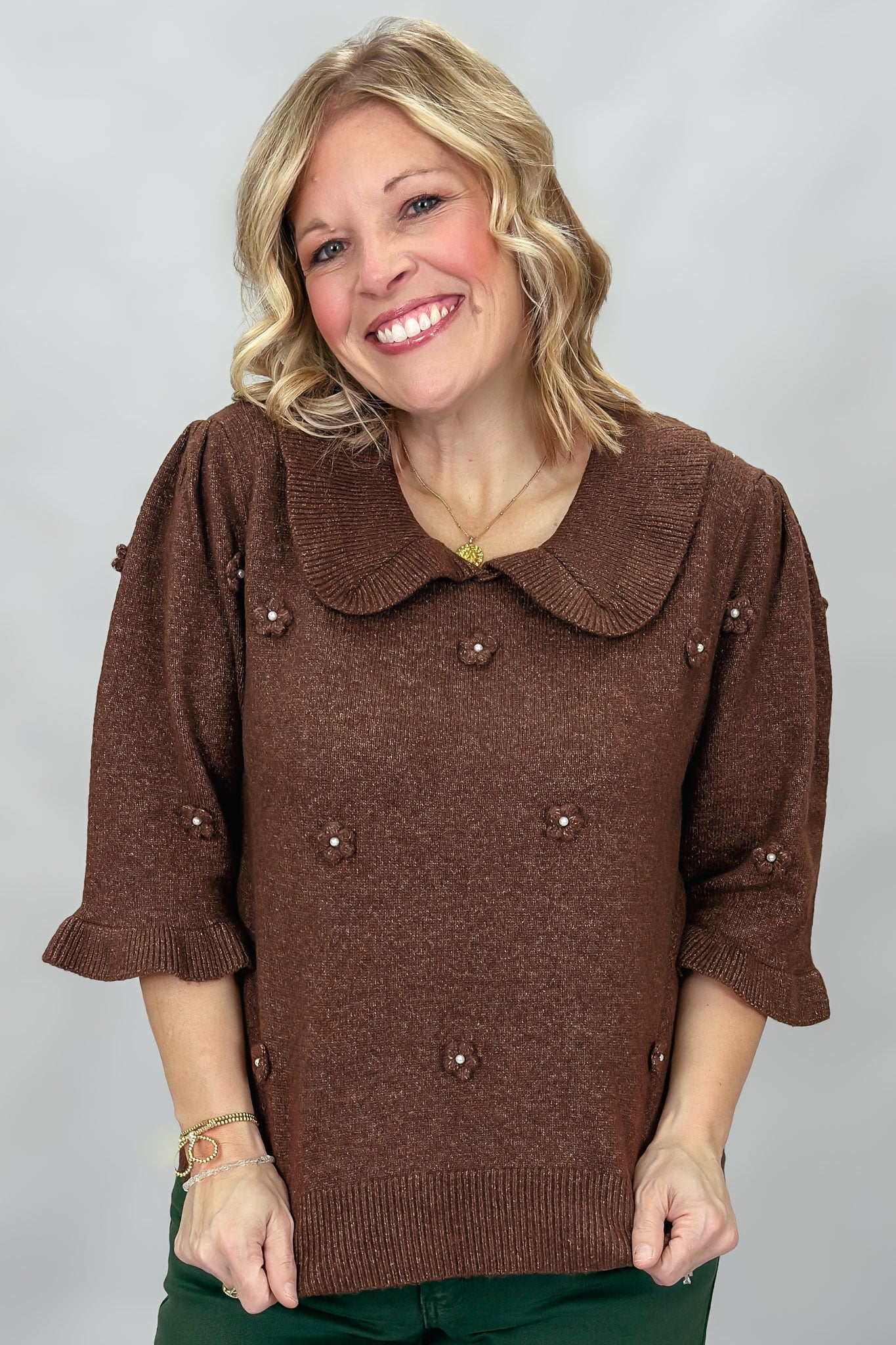 Who Laughs Last Floral Embellished Puffed Short Sleeve Sweater, Brown