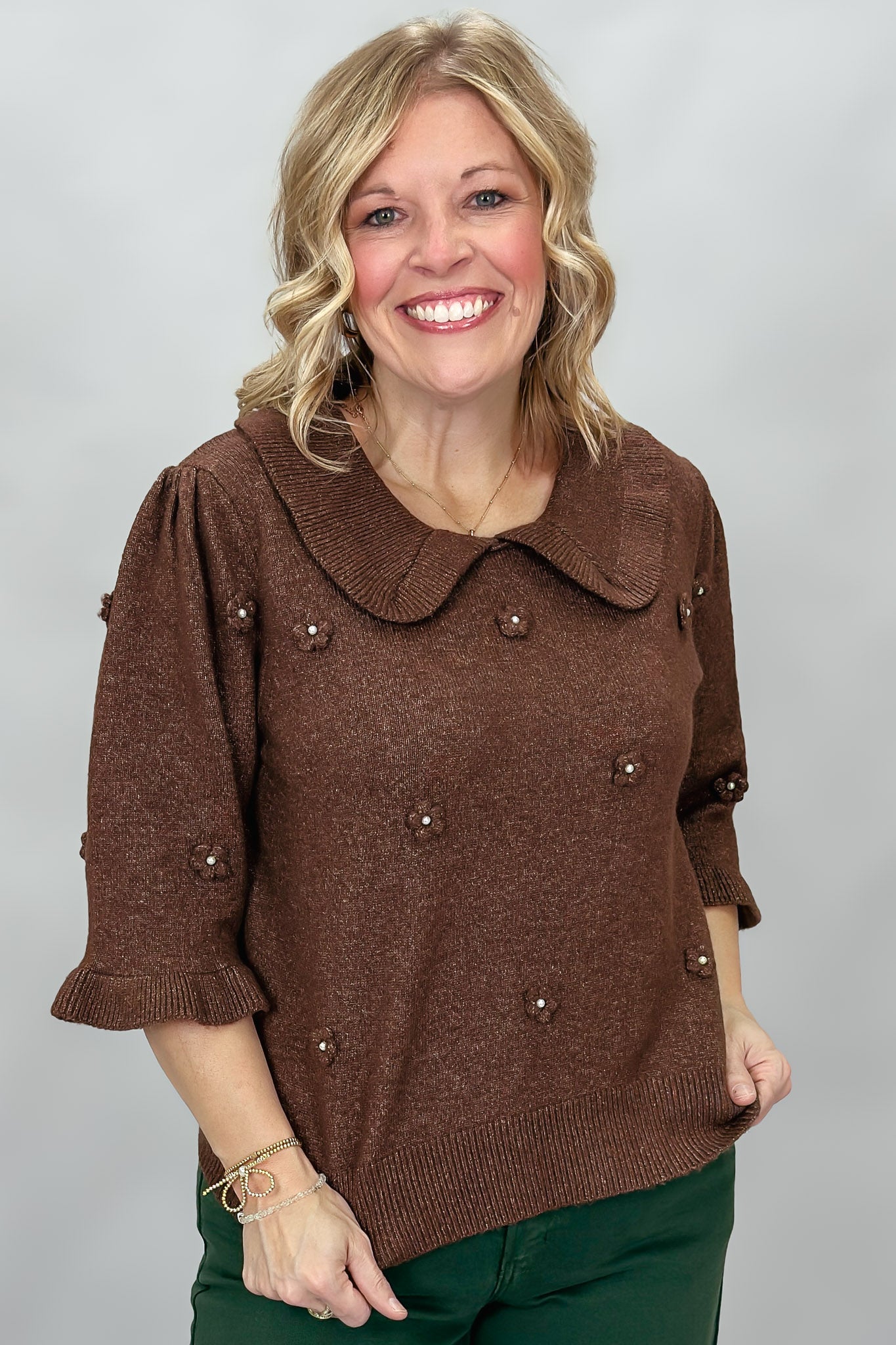 Who Laughs Last Floral Embellished Puffed Short Sleeve Sweater, Brown