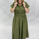 Entro Why Wouldn't We button down belted midi dress, green, front view