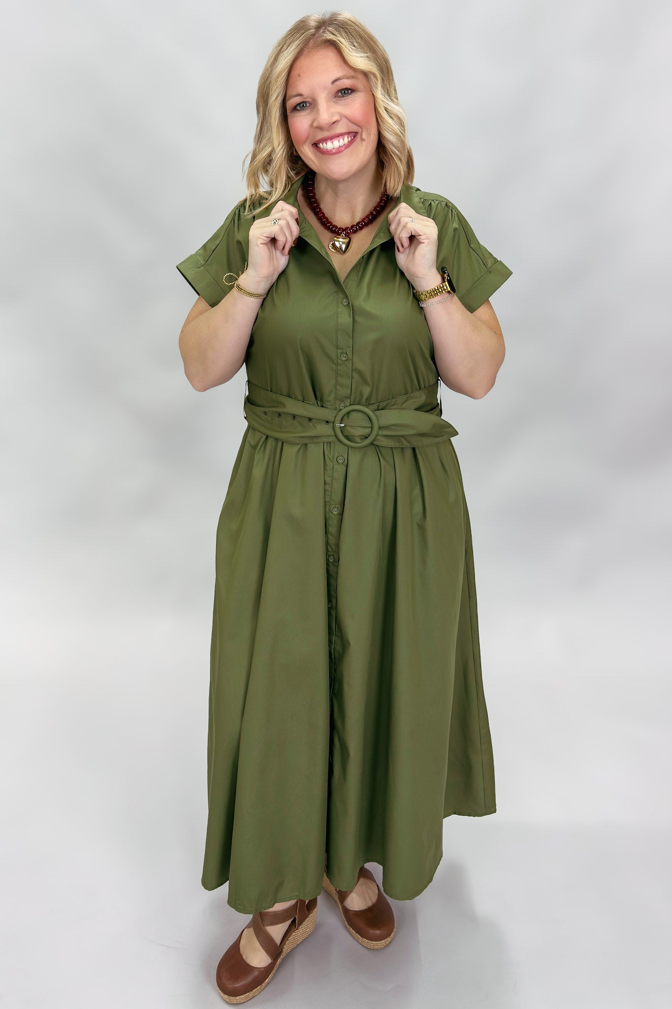 Why Wouldn't We Button Down Belted Midi Dress, Green