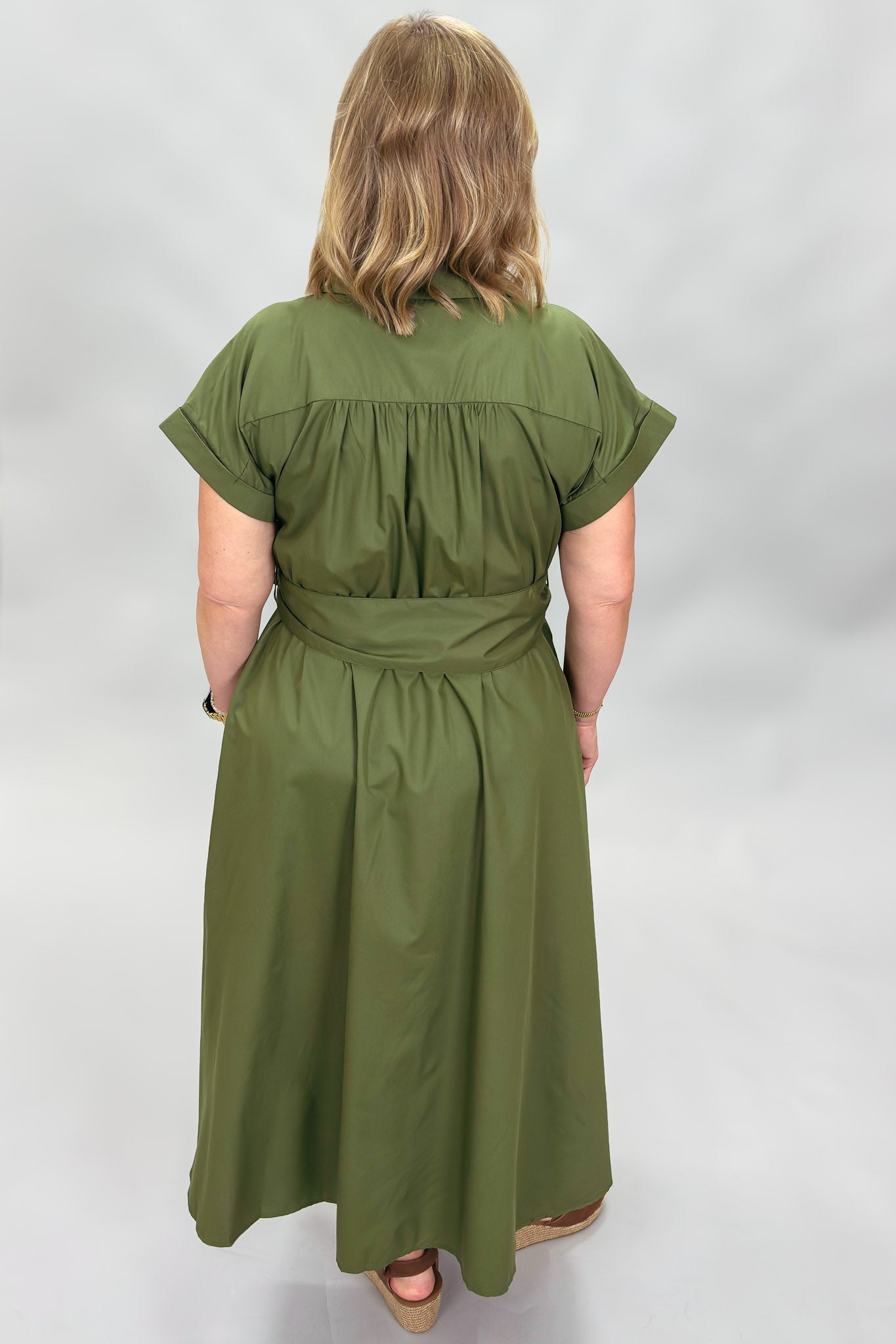 Entro Why Wouldn't We button down belted midi dress, green, styled view