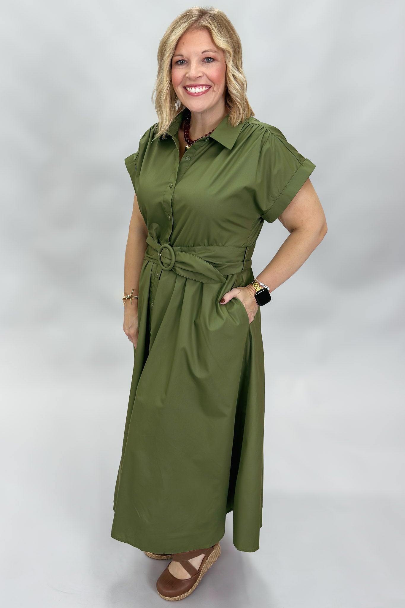 Entro Why Wouldn't We button down belted midi dress, green, side view