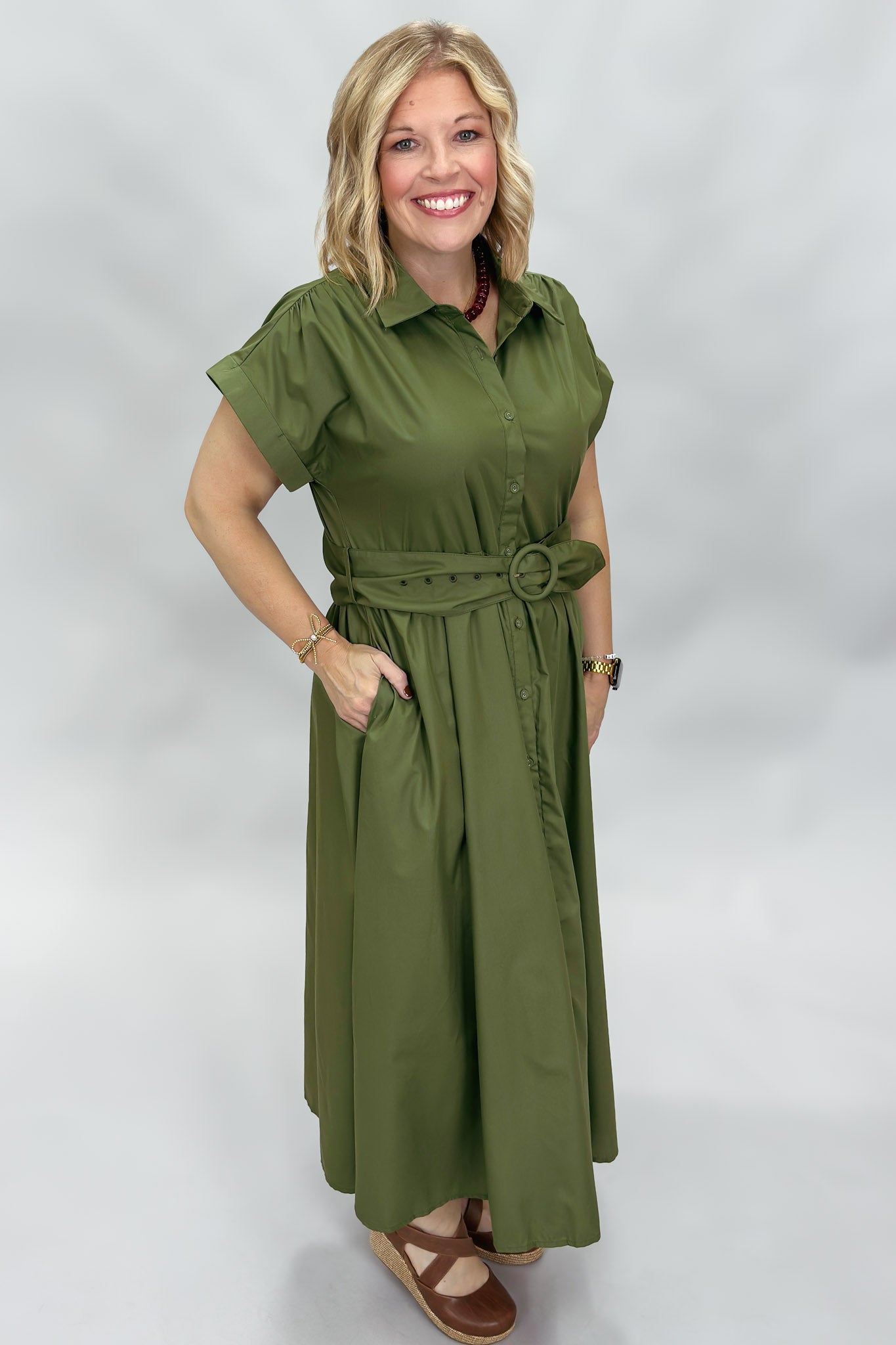 Entro Why Wouldn't We button down belted midi dress, green, close-up view