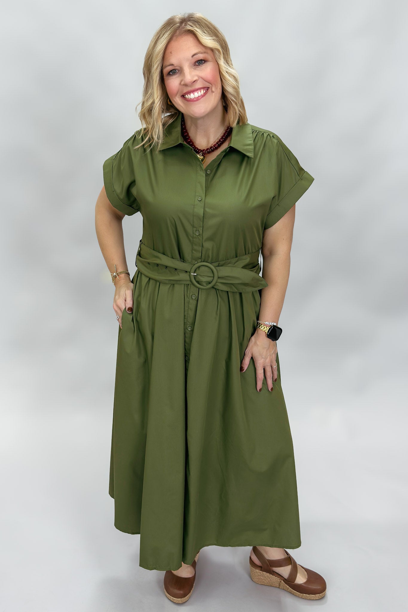 Why Wouldn't We Button Down Belted Midi Dress, Green