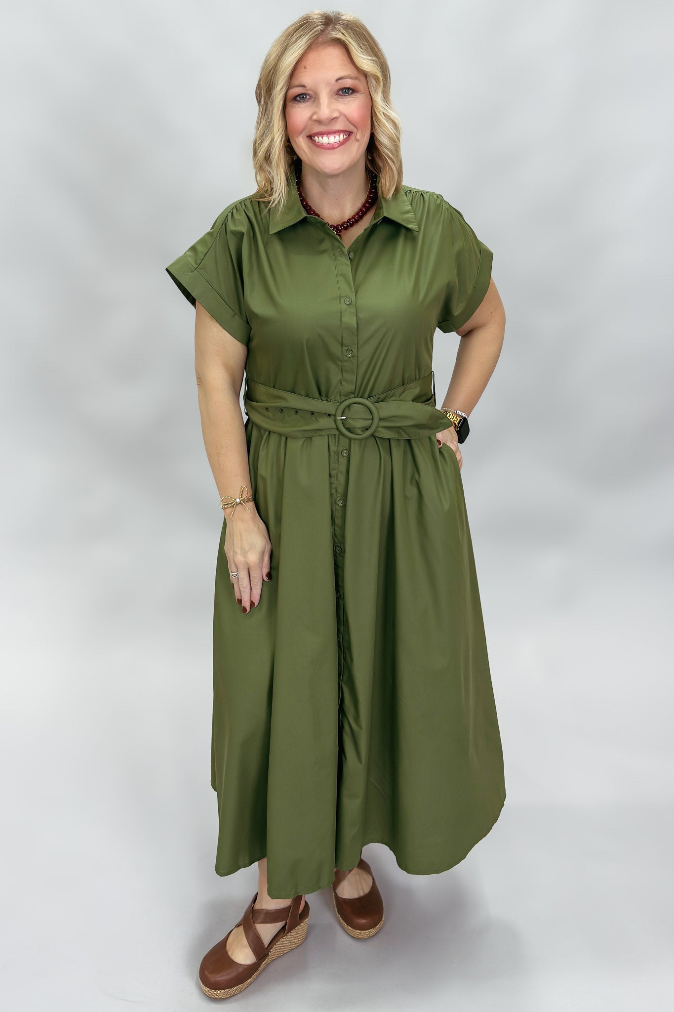 Entro Why Wouldn't We button down belted midi dress, green, belt detail