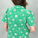 Wildflowers V-neck Short Sleeve Flower Embroidered Top, Green