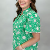 Wildflowers V-neck Short Sleeve Flower Embroidered Top, Green