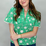 Wildflowers V-neck Short Sleeve Flower Embroidered Top, Green