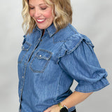 World On Fire Pearl Snap Short Sleeve Denim Top