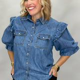 World On Fire Pearl Snap Short Sleeve Denim Top