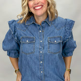 World On Fire Pearl Snap Short Sleeve Denim Top