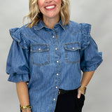 World On Fire Pearl Snap Short Sleeve Denim Top