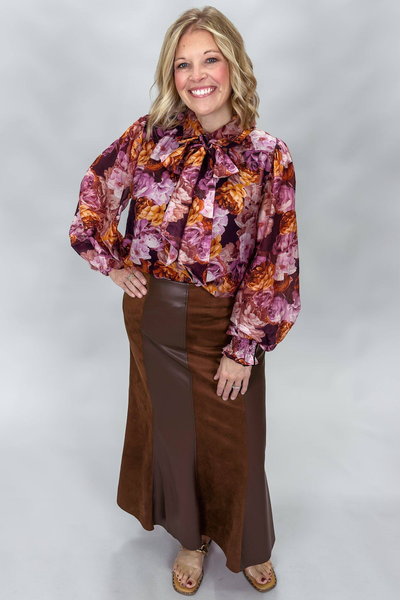 Brown leather maxi skirt by THML for an elevated fall look
