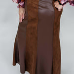 THML brown leather maxi skirt styled for fall