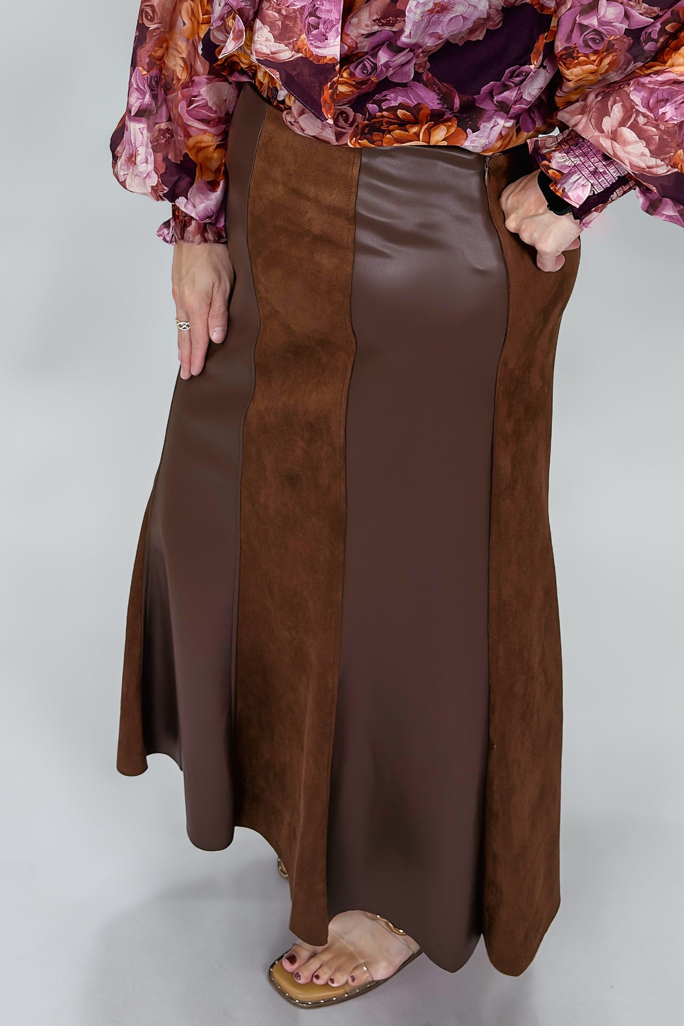 THML brown leather maxi skirt styled for fall