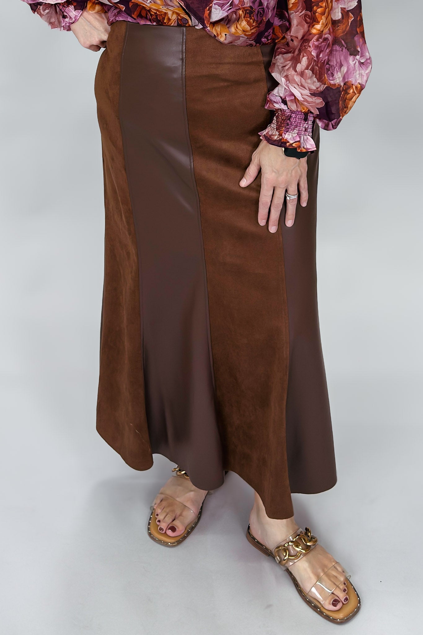 THML brown leather maxi skirt with rich neutral finish