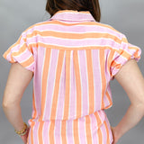 You Can't Lose Me Stripe Gauze Button Up Top, Tangerine