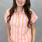 You Can't Lose Me Stripe Gauze Button Up Top, Tangerine