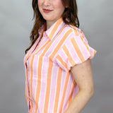 You Can't Lose Me Stripe Gauze Button Up Top, Tangerine
