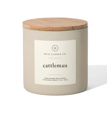 Hico Candle Co. Cattleman candle in a light-colored container with a brown lid