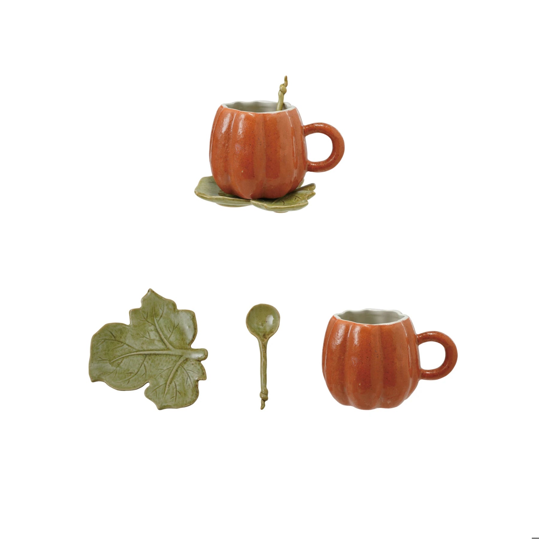 Stoneware Pumpkin Mug w/Leaf Saucer & Spoon