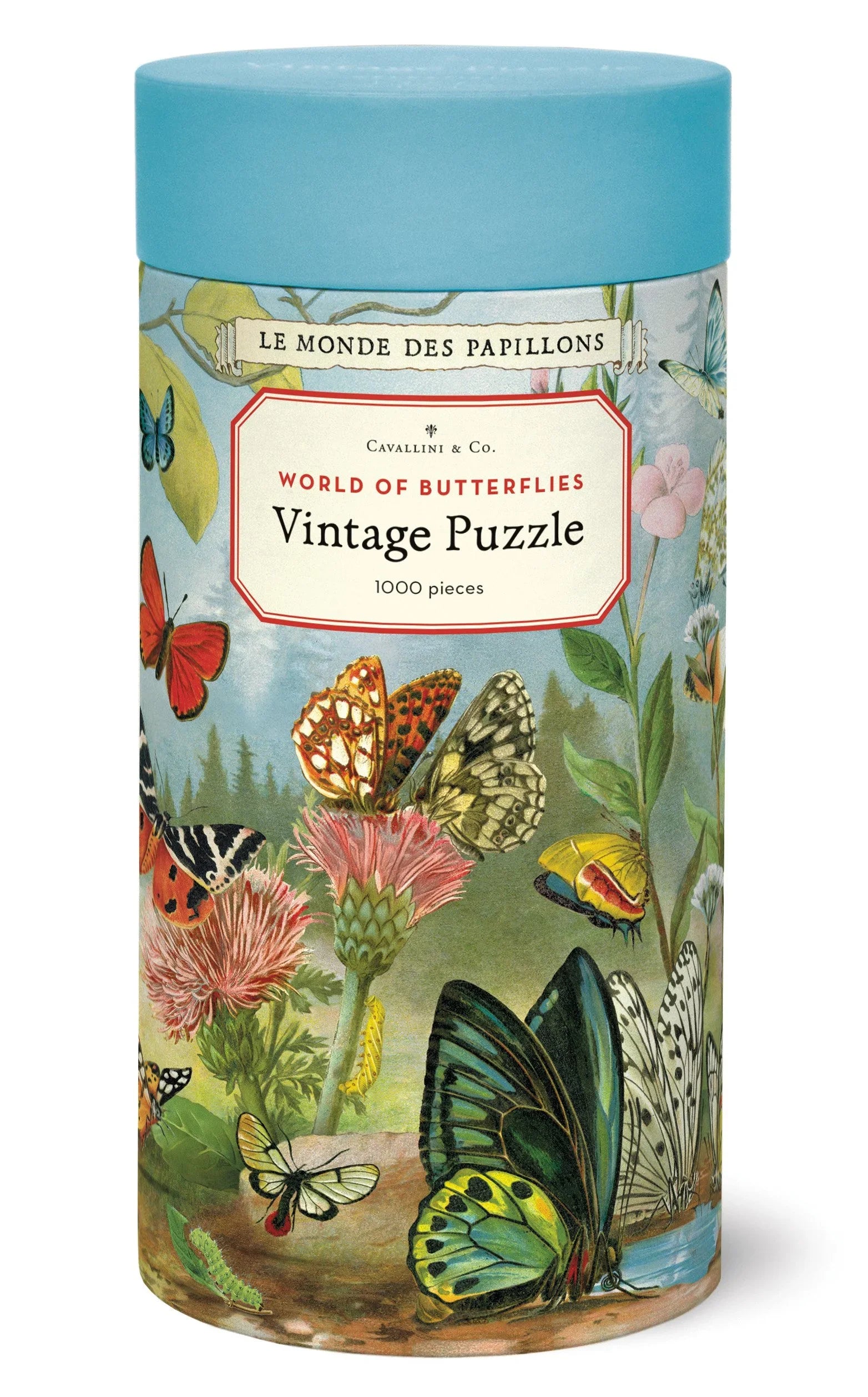 Cavallini World of Butterflies 1,000-piece puzzle tube with vintage butterfly illustrations and blue lid