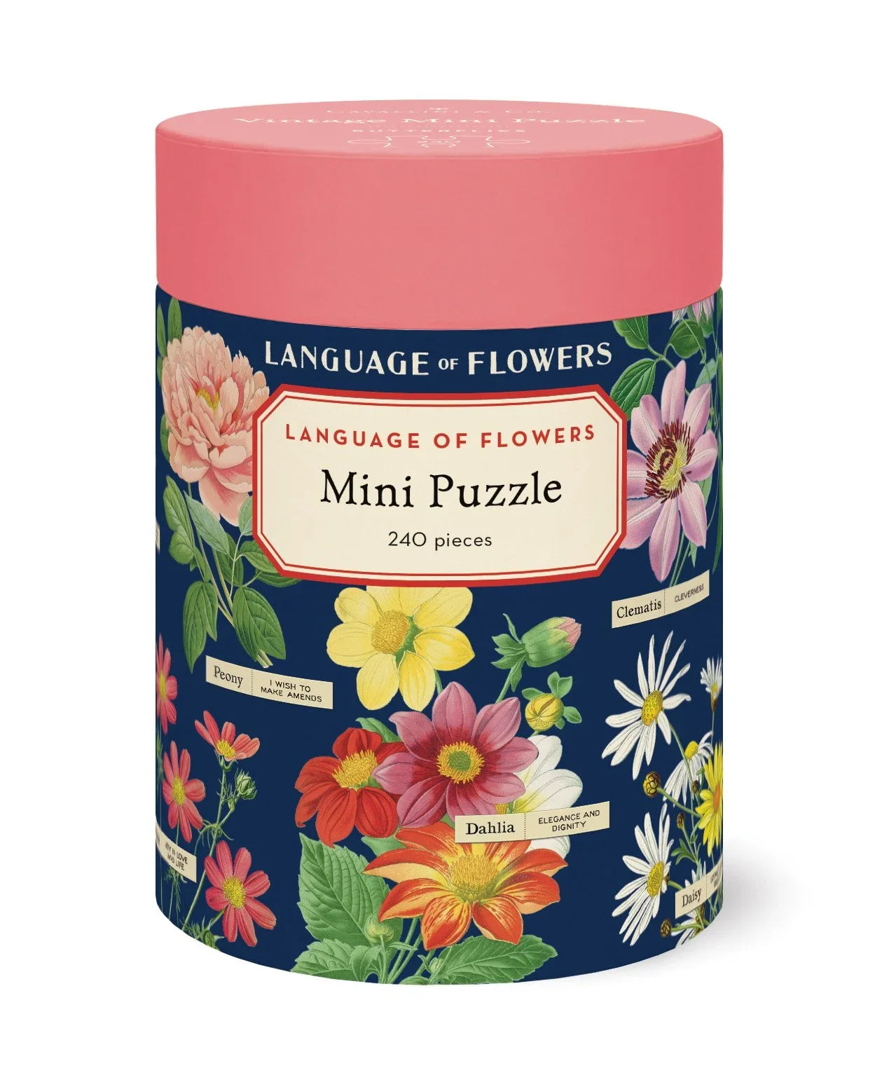 Cavallini Language of Flowers 240-piece mini puzzle tube with floral illustrations and pink lid
