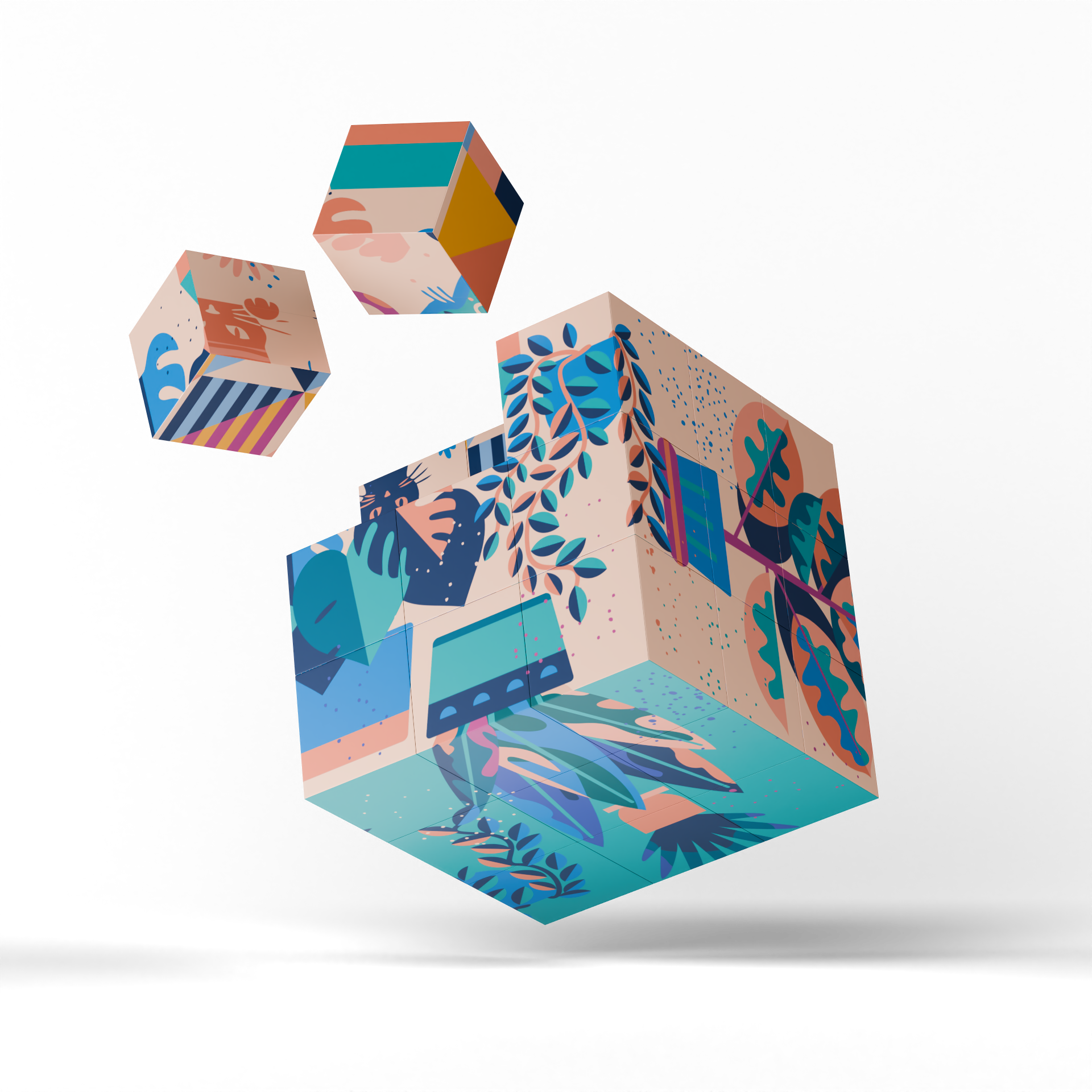 Potted Patterns magnetic puzzle cube with botanical artwork and separated magnetic pieces