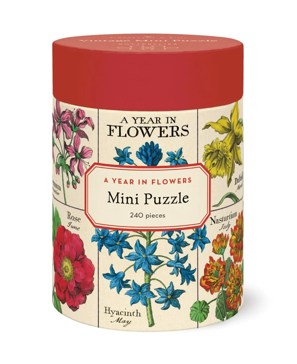 Cavallini A Year in Flowers 240-piece mini puzzle tube with botanical illustrations and red lid