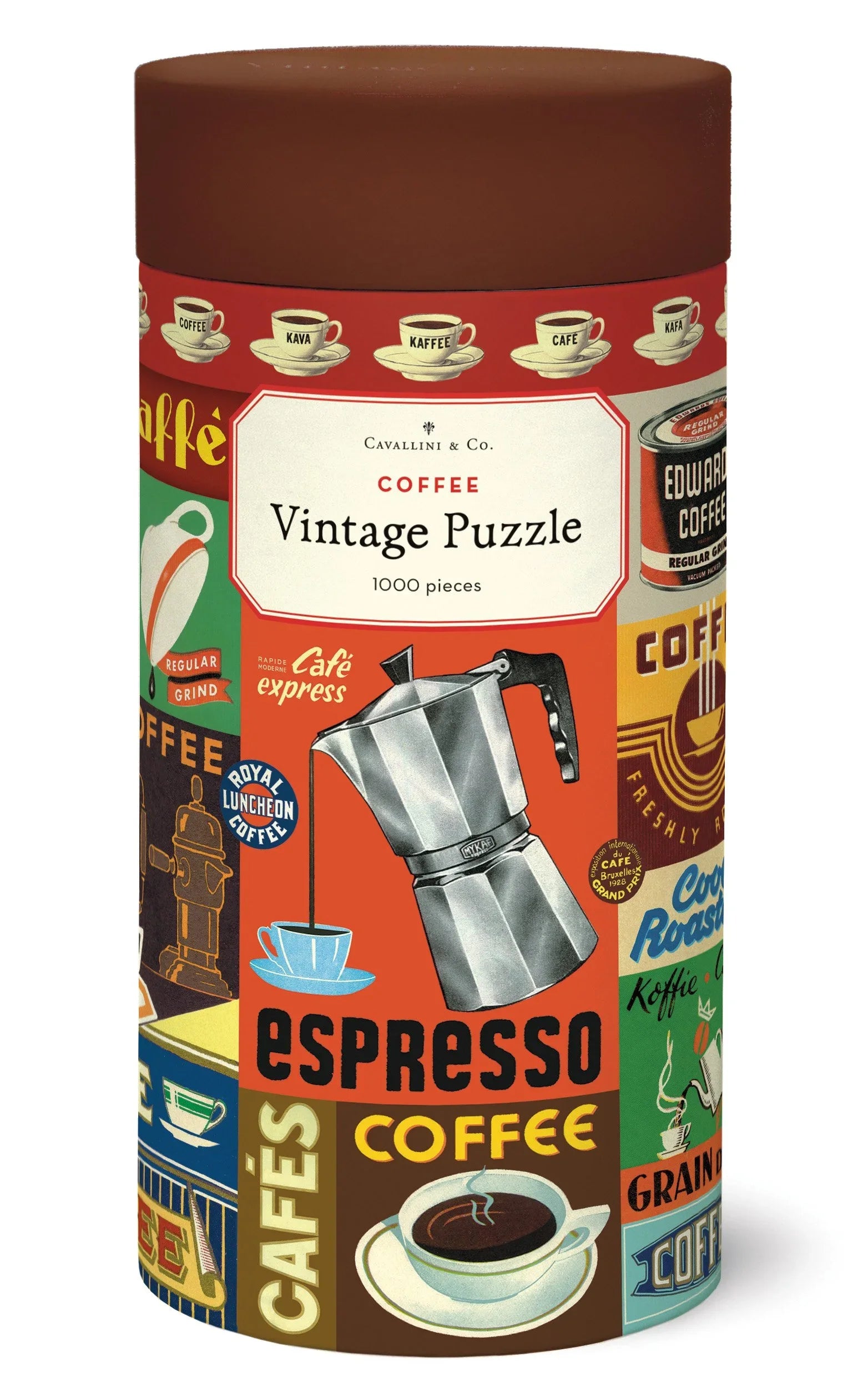 Cavallini Coffee 1,000-piece puzzle storage tube with vintage espresso graphics and blue lid