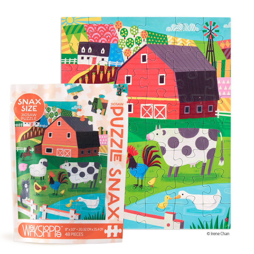 WerkShoppe Farm Friends 48-piece puzzle showing a red barn, farm animals, and resealable pouch
