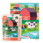 WerkShoppe Farm Friends 48-piece puzzle showing a red barn, farm animals, and resealable pouch