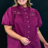 American Beauty Pearl Button Lace Trim Top, Magenta