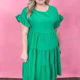 Sparks Fly Ruffle Sleeve Round Neck Tiered Dress, Green