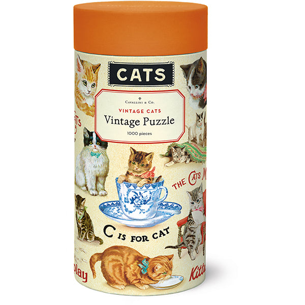 Cavallini Vintage Cats 1,000-piece puzzle tube with illustrated cats and orange lid