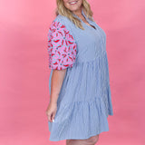 Freeze Frame Time Striped V-Neck Tiered Puff Sleeve Dress