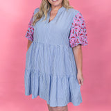 Freeze Frame Time Striped V-Neck Tiered Puff Sleeve Dress