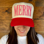 Southern Fried Design Barn Merry Puff hat with pink embroidery, cream crown and red brim, worn by a model