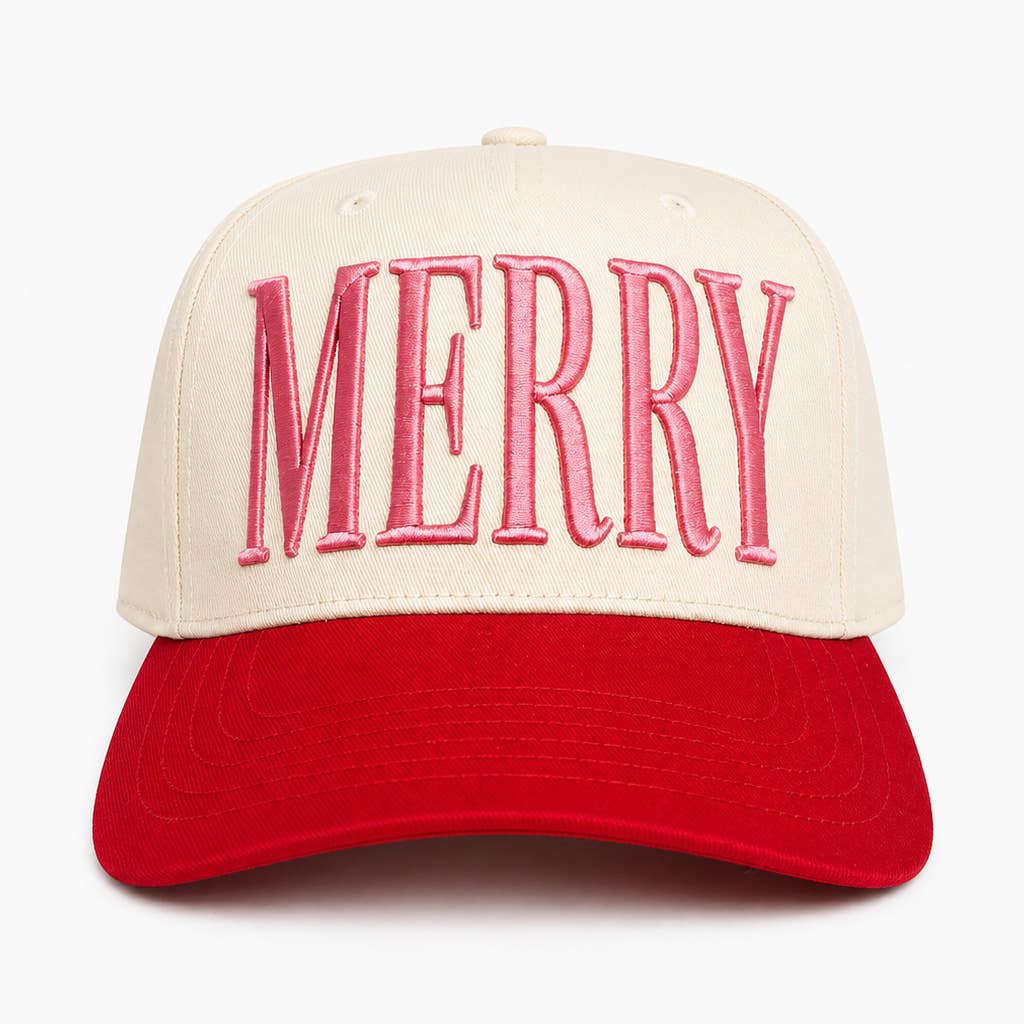 Southern Fried Design Barn Merry Puff hat, front view of pink MERRY embroidery and red brim