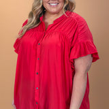 Truth Hurts Button-Up Ruffled Top, Red